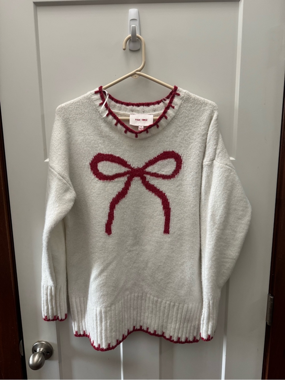 Pink Rose Cream Knit Sweater with Red Bow Detail